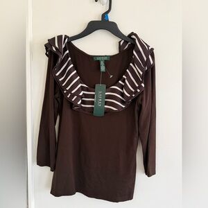 New Lauren Ralph Lauren Top Woman’s S Brown Striped Ruffle 3/4 Sleeve Rayon Bld